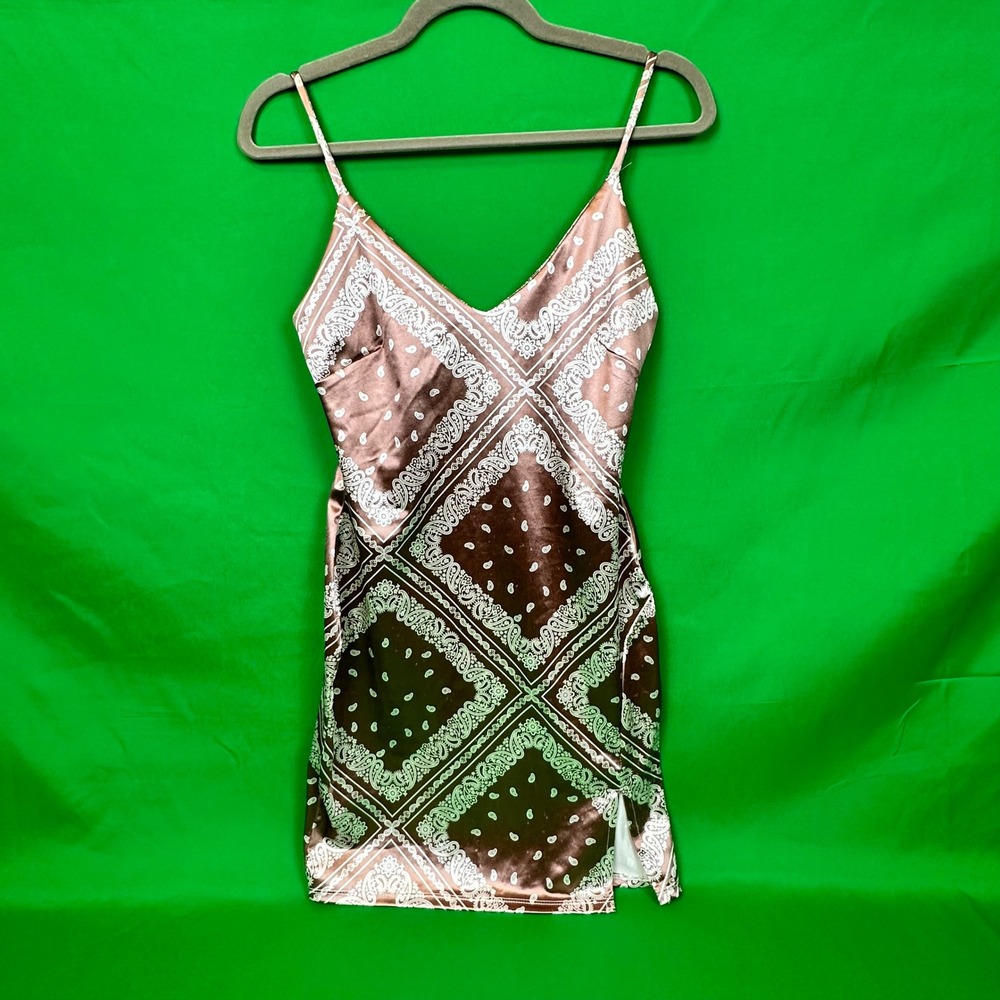 Liz Sara Brown Bandana Print‎ Spaghetti Strap Mini Dress M